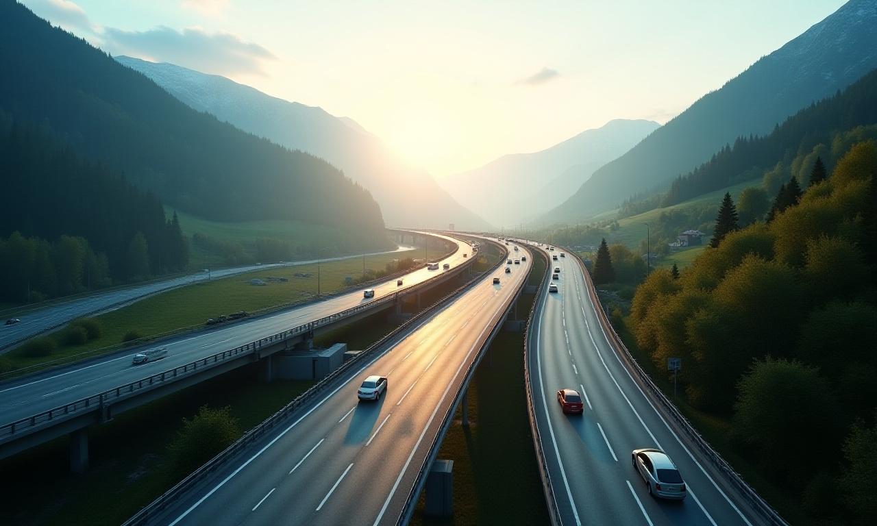 Moderne Schweizer Autobahninfrastruktur bei Sonnenaufgang