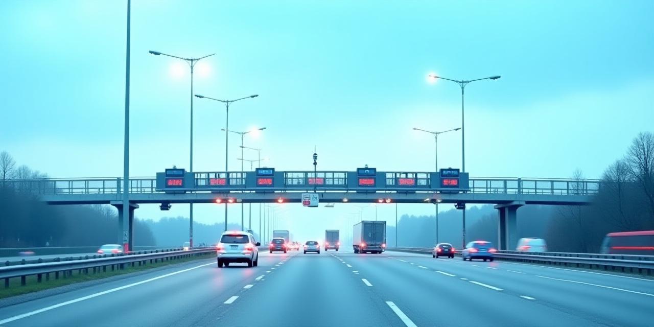 Moderne Autobahn-Infrastruktur mit digitalen Erfassungsgeräten an einem bewölkten Tag